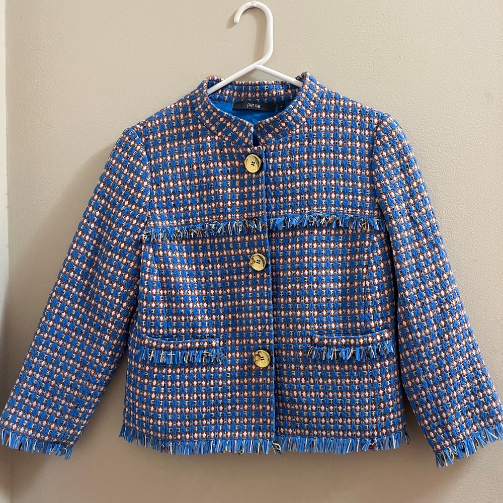 NWOT Per Se Tweed Fringe Blue Blazer (Part of a set!!)